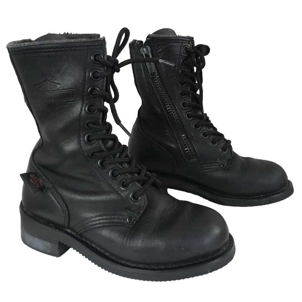 VINTAGE Harley Davidson Black Leather Combat Boots Lace Zip Up 5 Oil Resistant